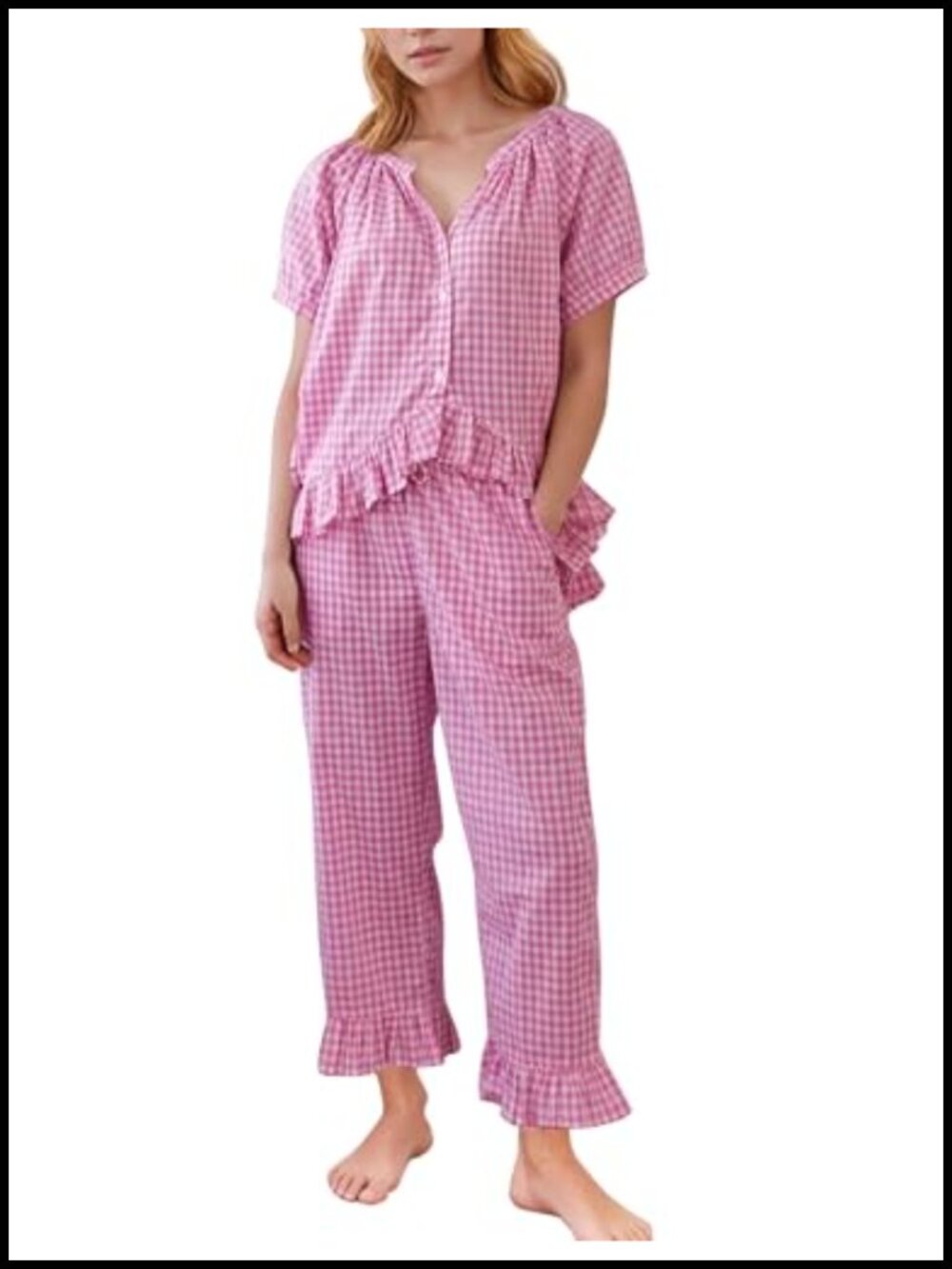 100% Cotton Gingham Pajama Set 2 Piece Ruffle Lounge Sleepwear Wide Leg Pants